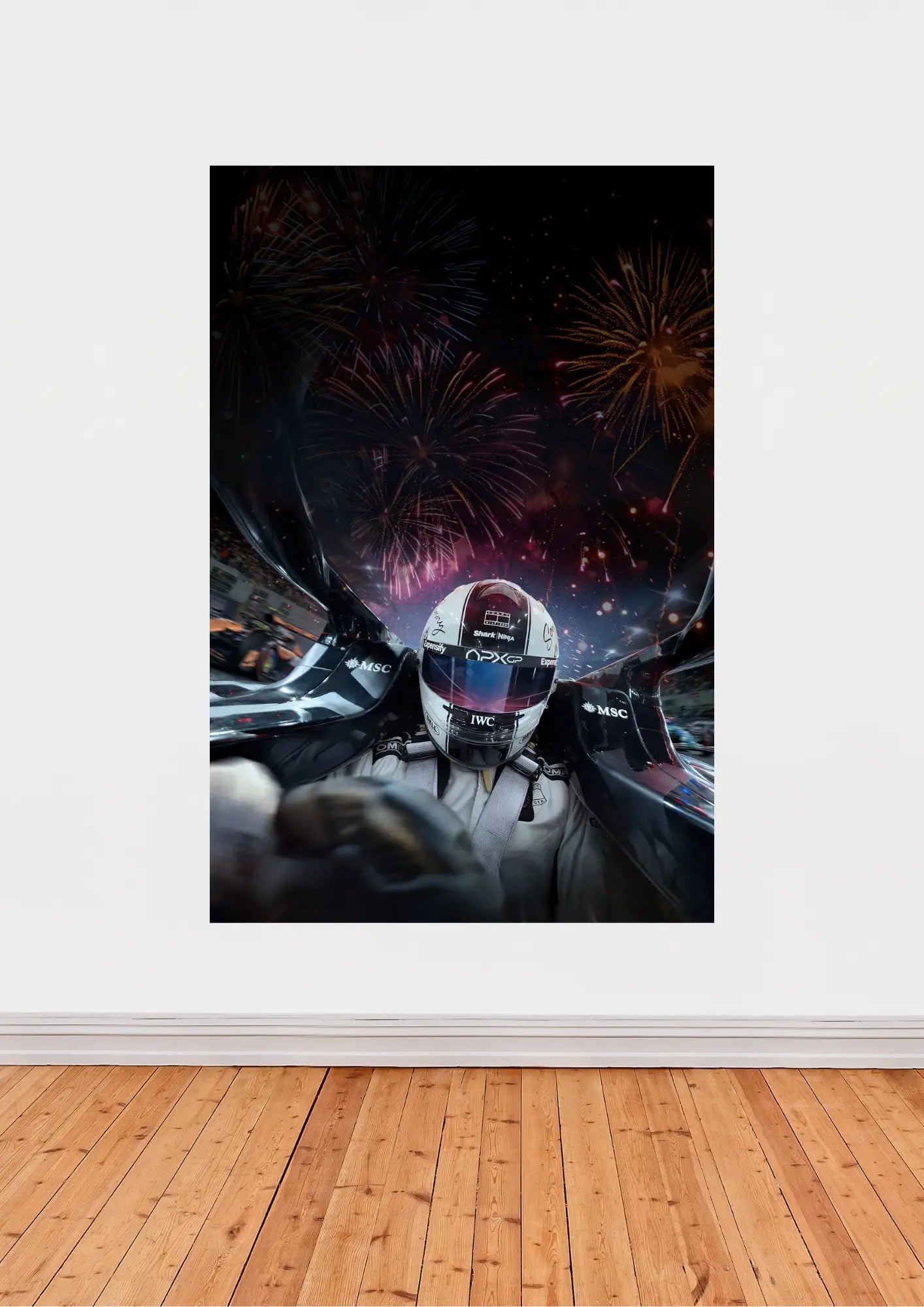 Affiche « F1 : Le Film » – Poster pilote en course avec feux d’artifice