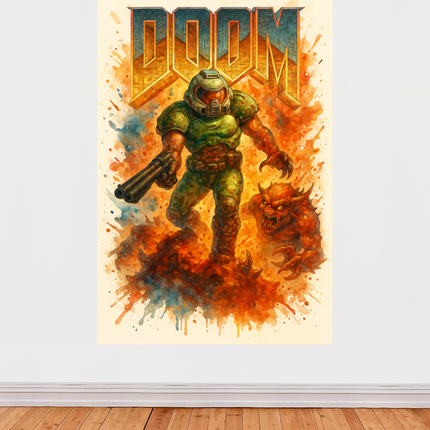 Affiche DOOM Aquarelle – Héros pixel en furie artistique