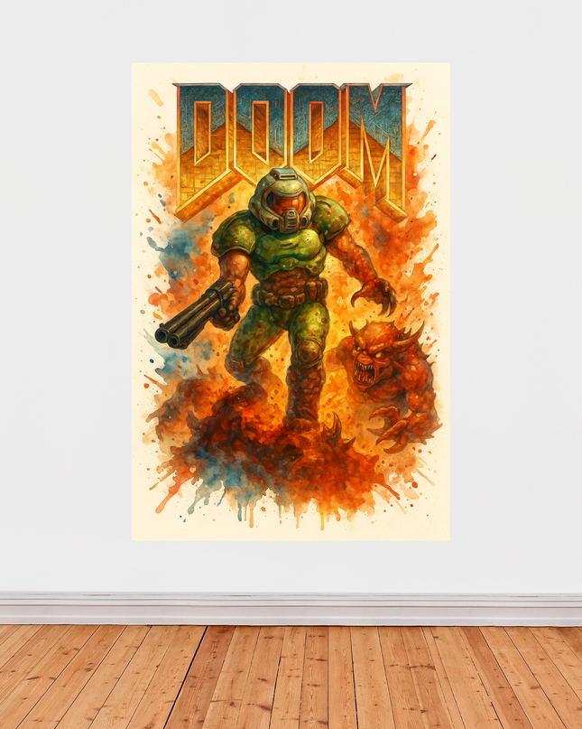 Affiche DOOM Aquarelle – Héros pixel en furie artistique
