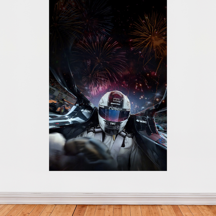 Affiche « F1 : Le Film » – Poster pilote en course avec feux d’artifice