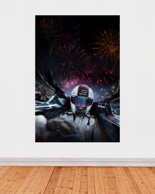 Affiche « F1 : Le Film » – Poster pilote en course avec feux d’artifice