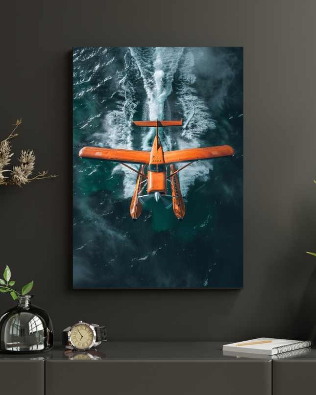 #32 Affiche avion orange vue aérienne sur l’eau