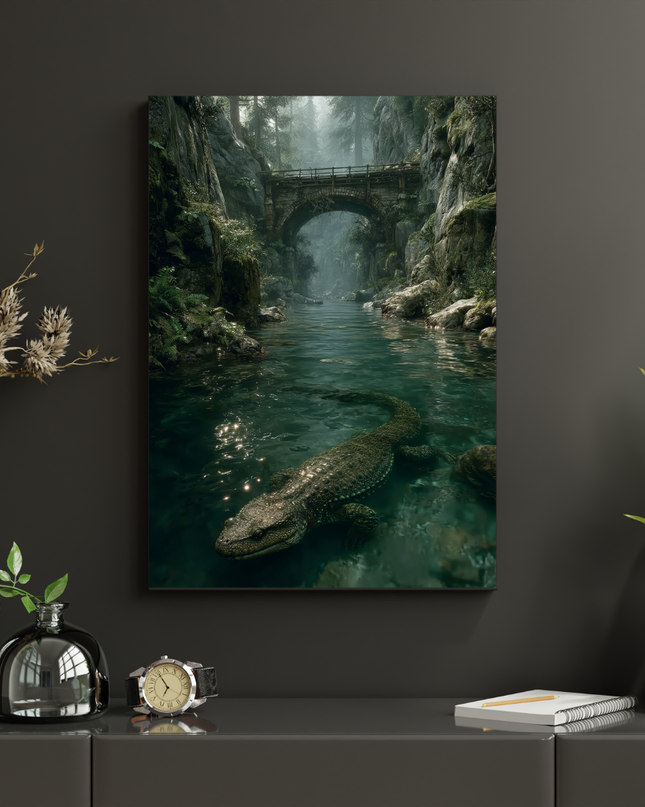 #174 Affiche murale Rivière sauvage et crocodile – Poster nature mystérieuse