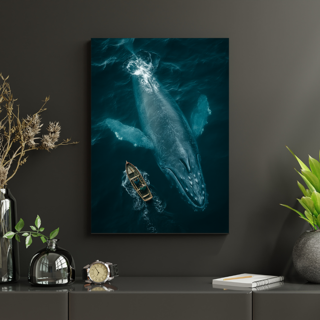#184 Affiche murale Baleine géante et barque – Poster océan spectaculaire