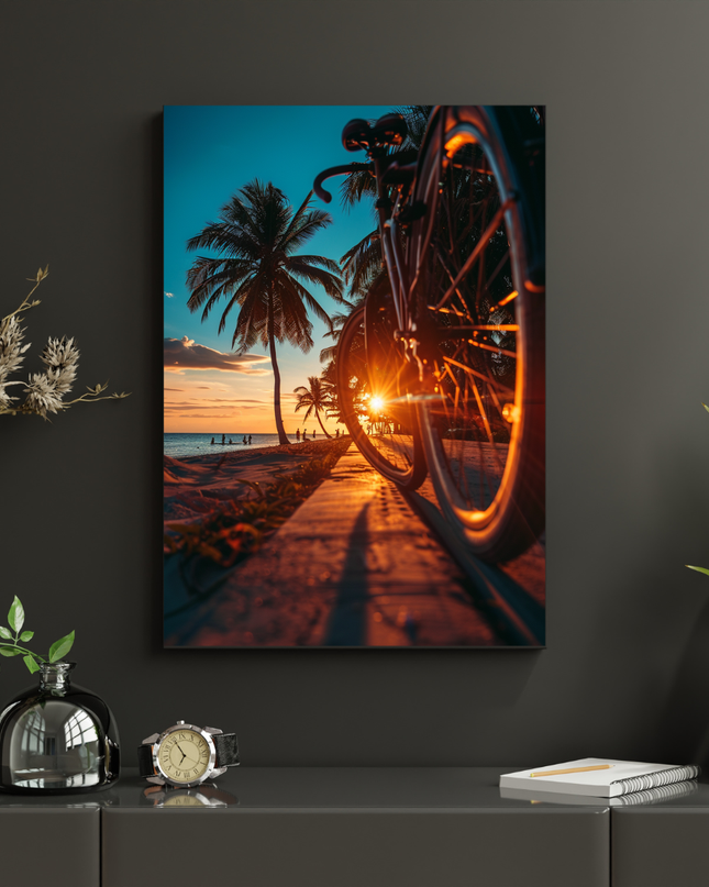 #85 Affiche murale Vélo au coucher du soleil – évasion tropicale
