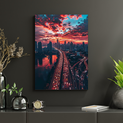 #104 Affiche murale métropole en feu au coucher du soleil