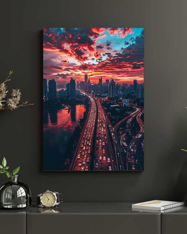 #104 Affiche murale métropole en feu au coucher du soleil
