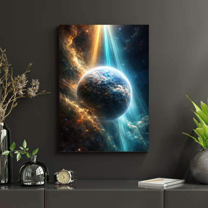 #185 Affiche murale Planète cosmique et faisceaux de lumière – Poster univers spatial