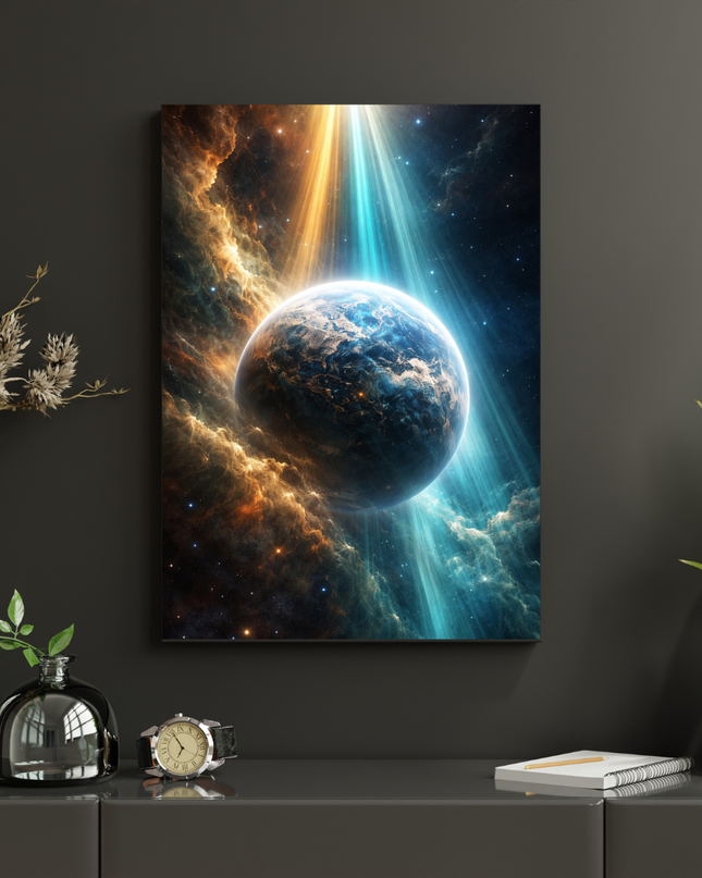 #185 Affiche murale Planète cosmique et faisceaux de lumière – Poster univers spatial