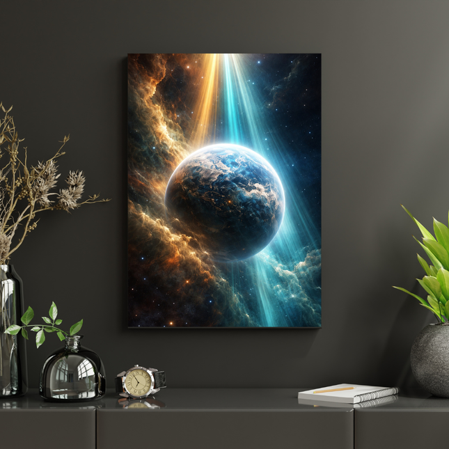 #185 Affiche murale Planète cosmique et faisceaux de lumière – Poster univers spatial