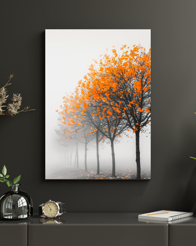 #114 Affiche murale allée d’arbres d’automne et brume poétique