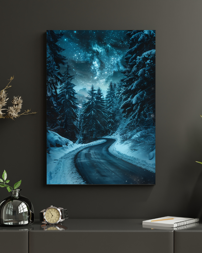 #172 Affiche Route Hivernale Étoilée – Poster Forêt de Nuit & Évasion
