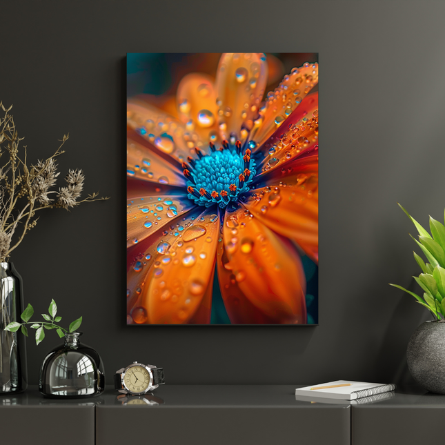 #203 Affiche murale fleur macro – Pétales orangés et cœur bleu vibrant