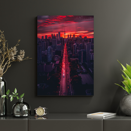 #26 Affiche skyline urbaine rouge au coucher du soleil