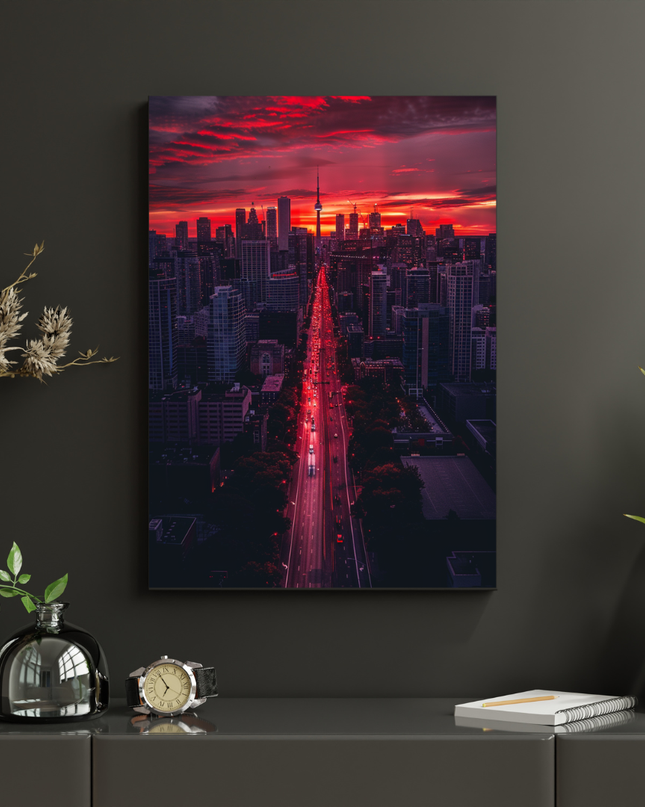 #26 Affiche skyline urbaine rouge au coucher du soleil