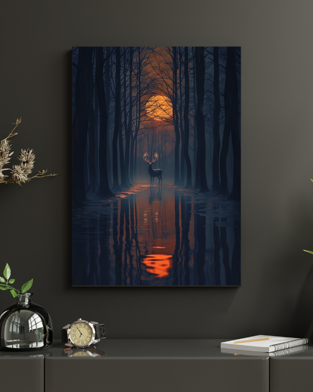 #95 Affiche murale cerf mystique en forêt au clair de lune