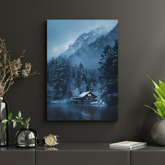 #207 Affiche murale chalet d’hiver au bord du lac – Paysage montagne enneigé