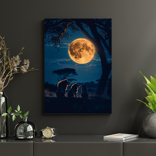 #208 Affiche murale lions sous la pleine lune – Scène nocturne sauvage et poétique