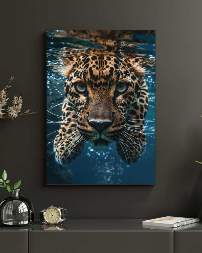 #122 Affiche Léopard Sous l’Eau – Regard Sauvage et Puissance Silencieuse