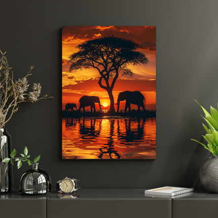 #127 Affiche Éléphants au Coucher du Soleil – Savane Africaine et Harmonie Naturelle