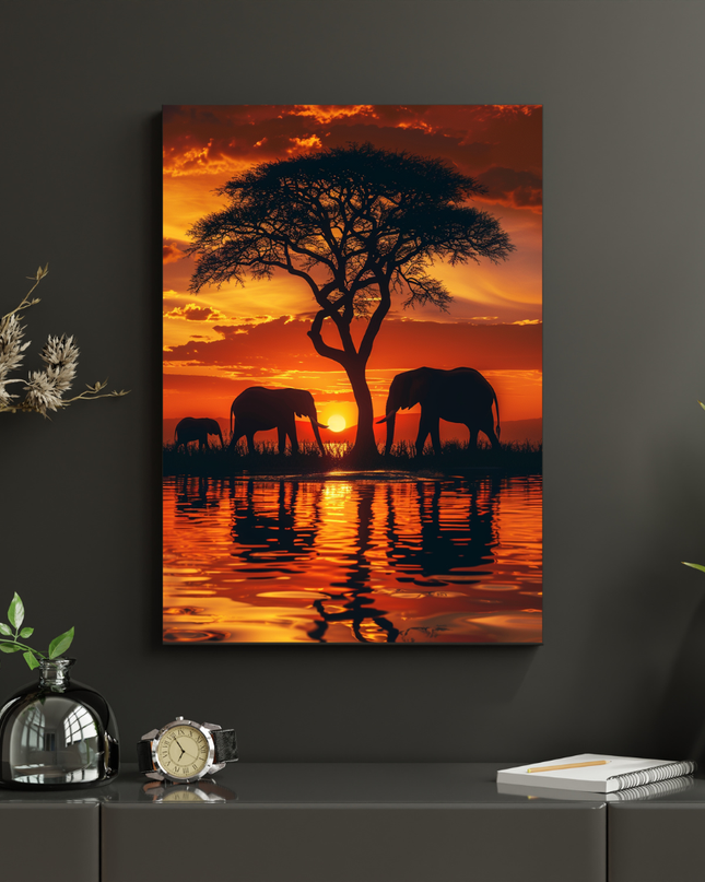 #127 Affiche Éléphants au Coucher du Soleil – Savane Africaine et Harmonie Naturelle
