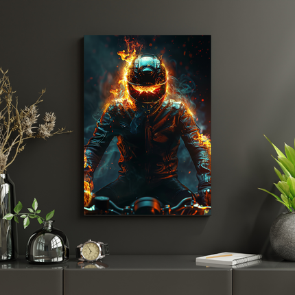 #116 Affiche murale motard en flammes – Esprit rebelle et puissance brute