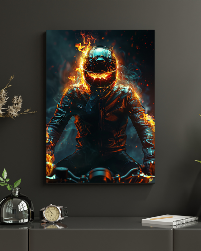 #116 Affiche murale motard en flammes – Esprit rebelle et puissance brute