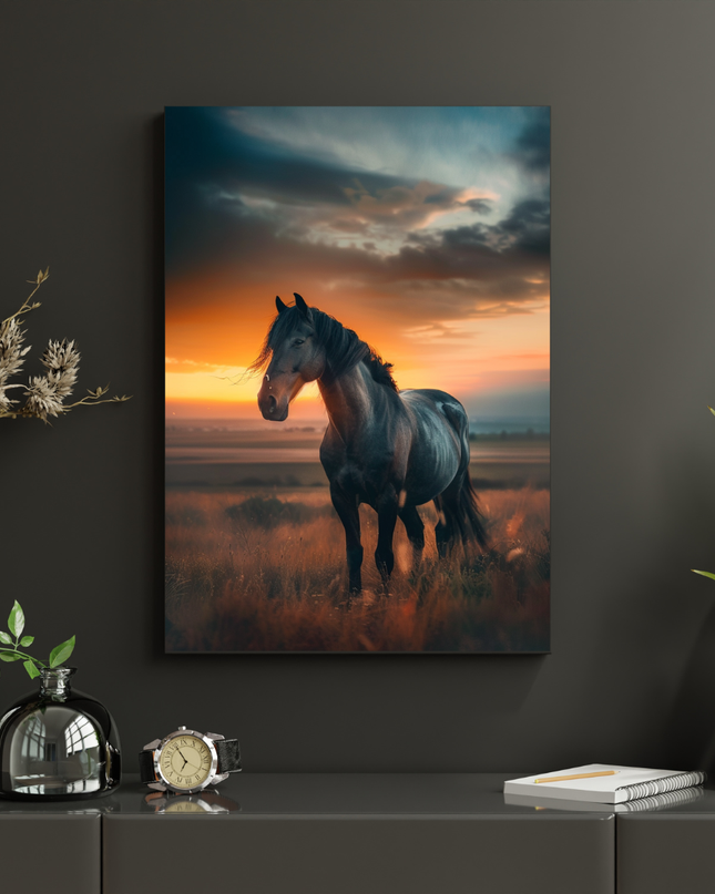 #128 Affiche Cheval Sauvage – Liberté et Élégance au Coucher du Soleil