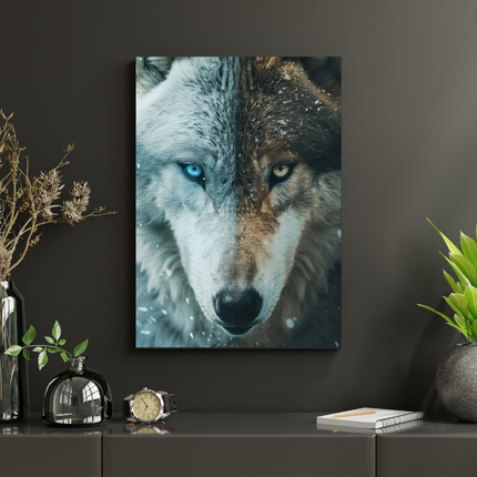 #150 Affiche Loup Dualité – Poster animalier regard bleu et doré