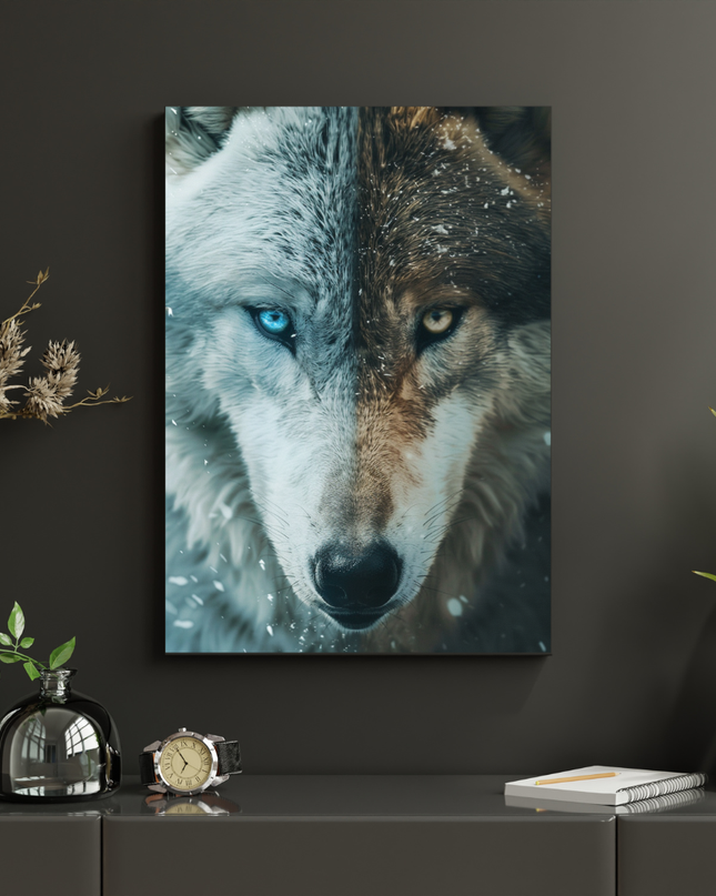 #150 Affiche Loup Dualité – Poster animalier regard bleu et doré