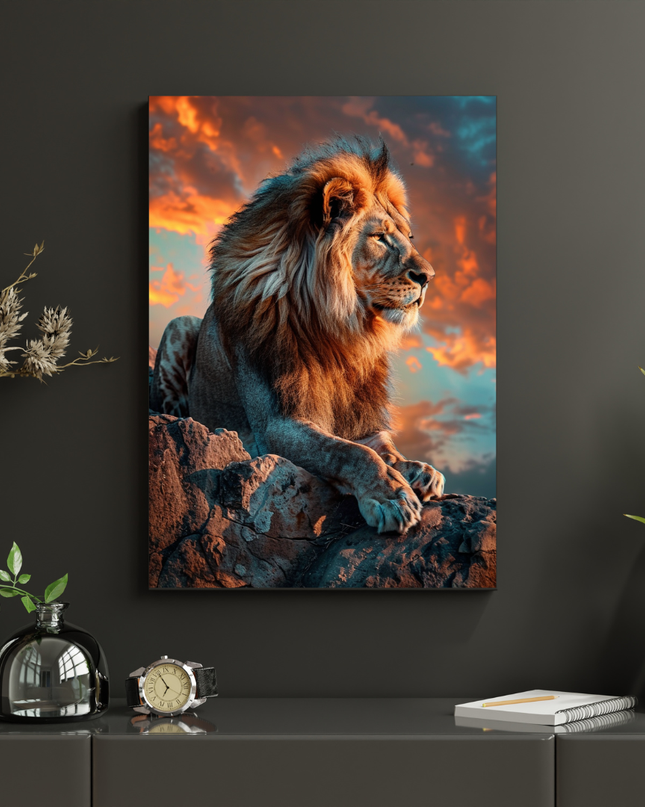 #129 Affiche Lion Majestueux – Puissance et Sérénité au Coucher du Soleil