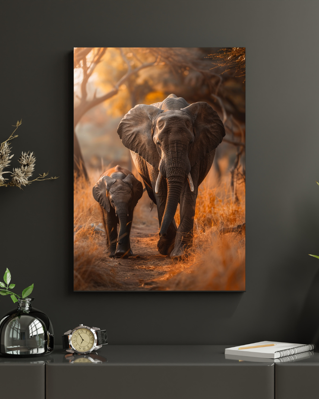 #98 Affiche murale éléphant et éléphanteau dans la savane dorée