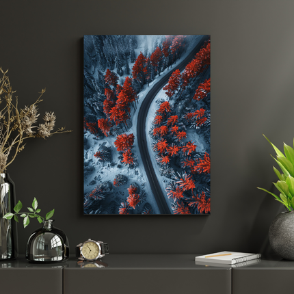 #118 Affiche murale route hivernale écarlate – Voyage au cœur de la forêt