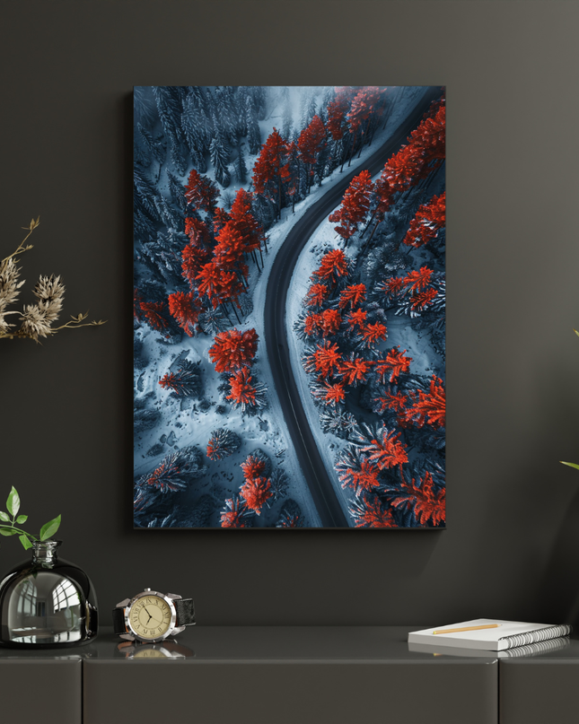 #118 Affiche murale route hivernale écarlate – Voyage au cœur de la forêt