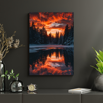 #91 Affiche murale coucher de soleil hivernal – forêt et reflet