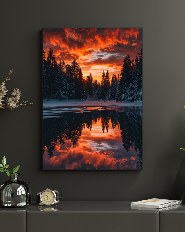 #91 Affiche murale coucher de soleil hivernal – forêt et reflet