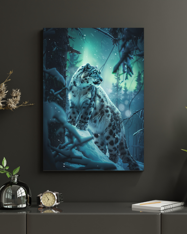 #81 Affiche murale Léopard des neiges en forêt hivernale