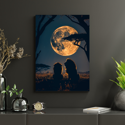 #79 Affiche murale Lions sous la pleine lune dorée
