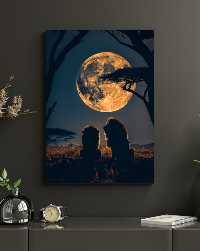#79 Affiche murale Lions sous la pleine lune dorée