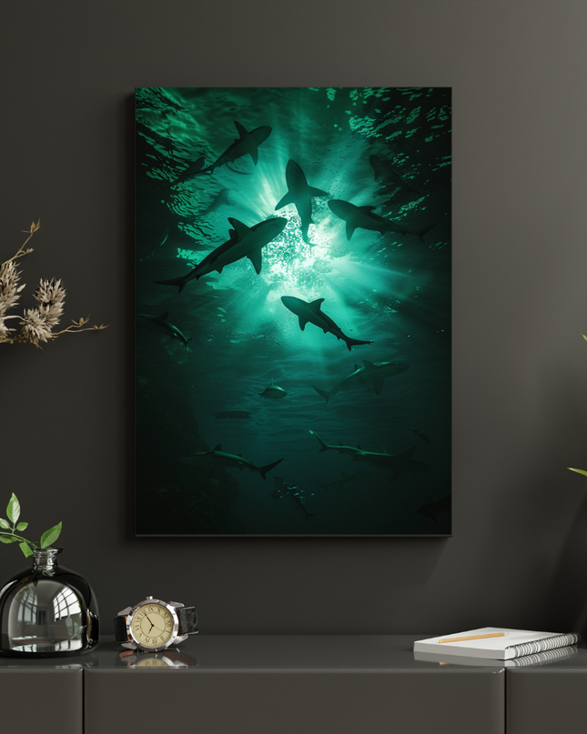 #110 Affiche murale requins dans les profondeurs océaniques