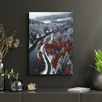 #61 Affiche route hivernale et forêt rouge