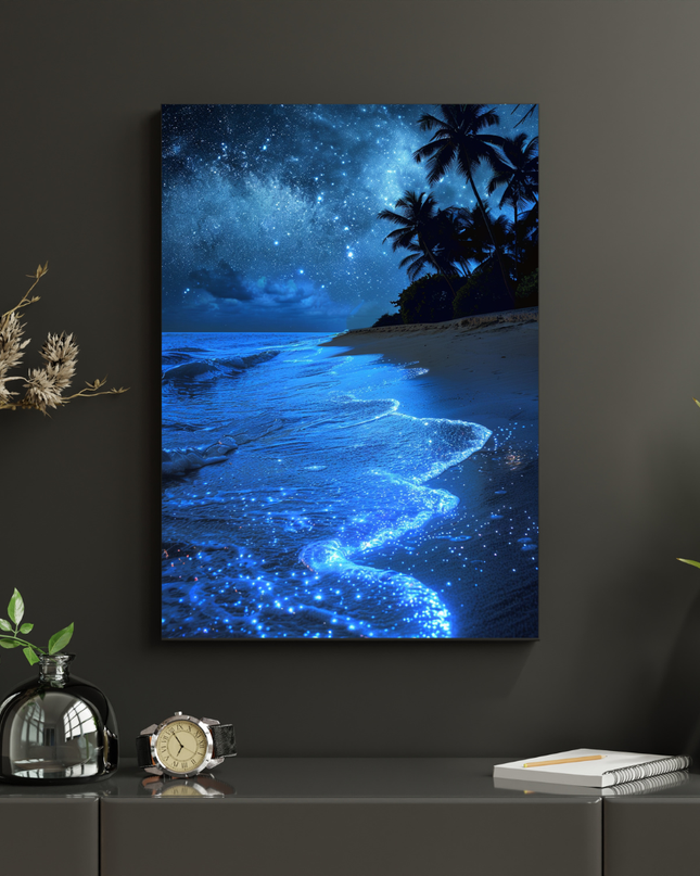 #100 Affiche murale plage bioluminescente sous ciel étoilé