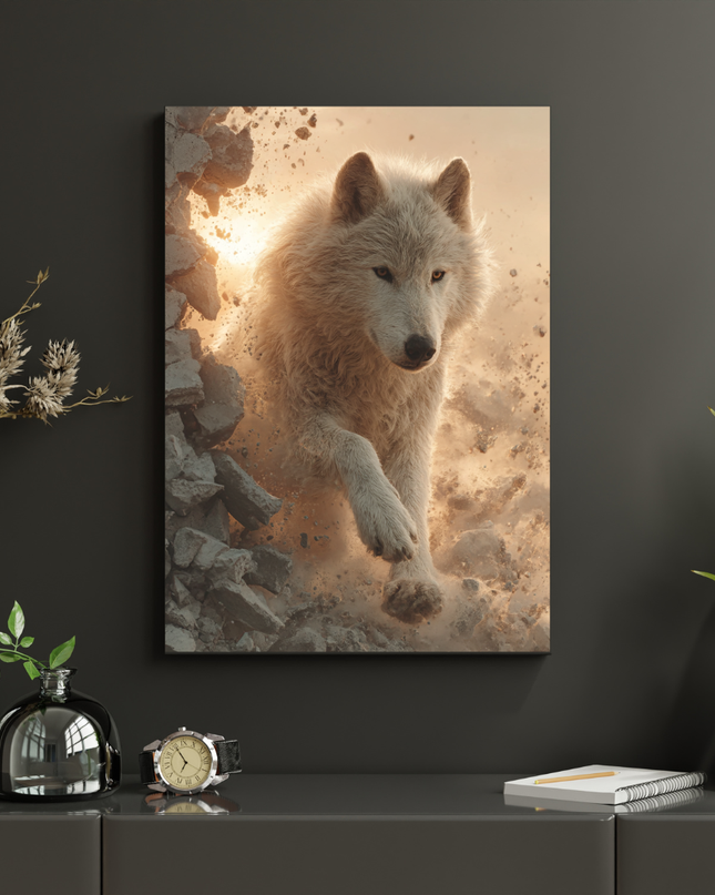 #181 Affiche murale Loup blanc en mouvement – Poster animal sauvage puissant