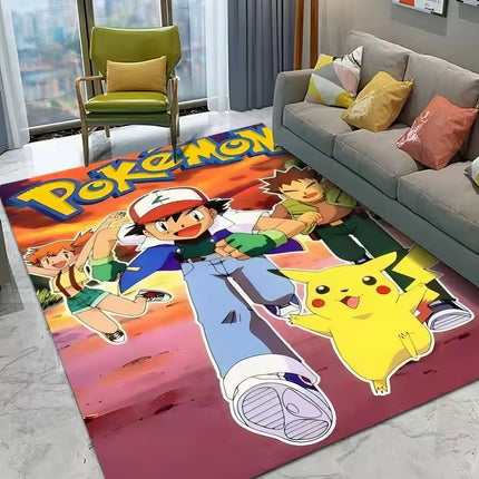 Tapis Pokémon Vintage – Décor de Salon – Pikachu, Sacha, Ondine et Pierre – Style Anime Rétro