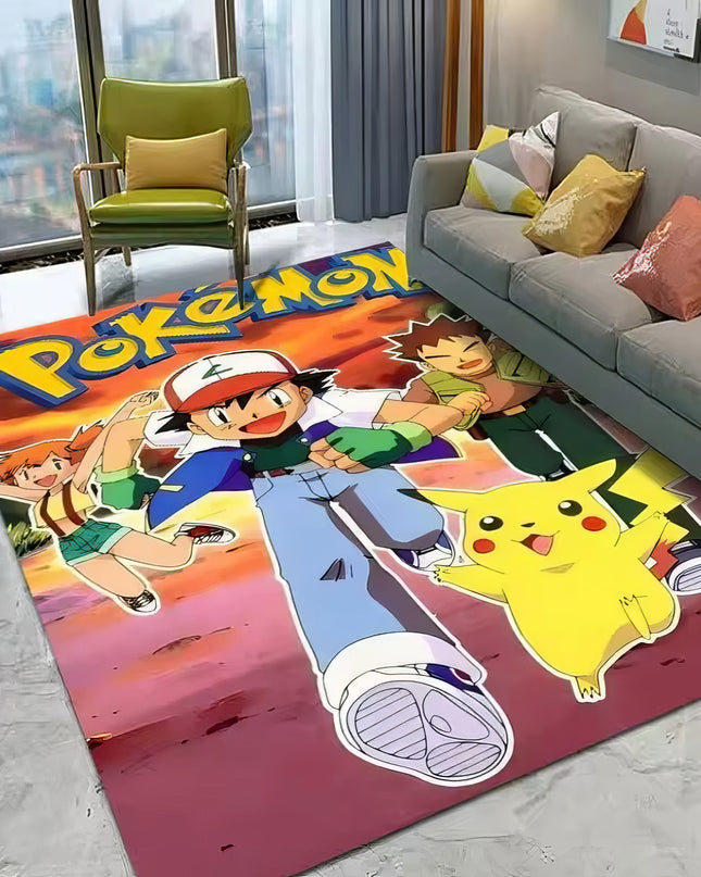 Tapis Pokémon Vintage – Décor de Salon – Pikachu, Sacha, Ondine et Pierre – Style Anime Rétro