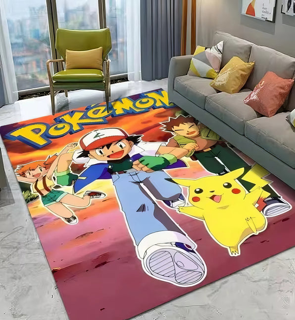 Tapis Pokémon Vintage – Décor de Salon – Pikachu, Sacha, Ondine et Pierre – Style Anime Rétro