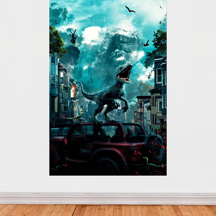 « Jurassic World » – Affiche dinosaures en pleine ville, chaos et survie