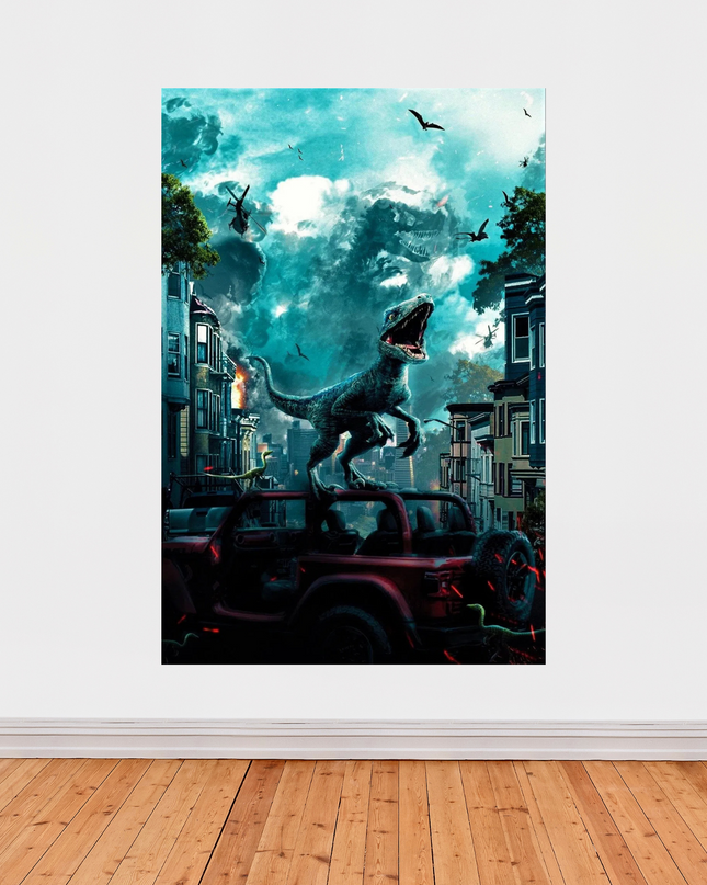 « Jurassic World » – Affiche dinosaures en pleine ville, chaos et survie