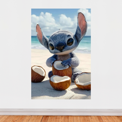 Affiche « Stitch à la plage » – Illustration tropicale et colorée