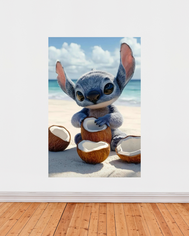 Affiche « Stitch à la plage » – Illustration tropicale et colorée